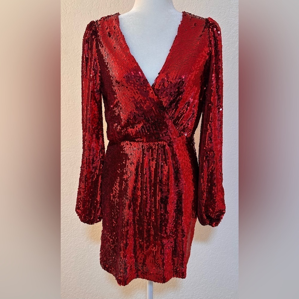 WAYF Flash Sequin Long Sleeve Faux Wrap Red Minidress NWT Size Small